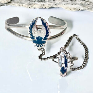 Vintage Native American Tribal Eagle Wing Silver Slave Bracelet and Ring.